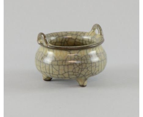 Modern Chinese celadon crackle glazed twin-handled tripod censer, 8cm diameter, No chips, cracks or restoration.