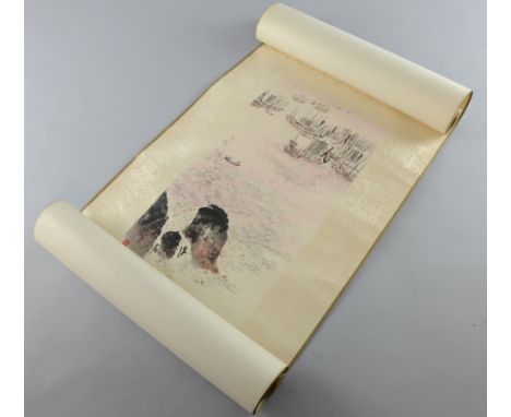 Chinese scroll depicting boats at sea, red stamp mark, 40cm x 21.5cm, Some light staining to mount and picture, otherwise in 