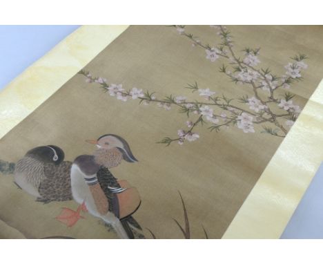 Chinese scroll depicting two ducks beneath a flowering branch, 81cm x 38cm, 