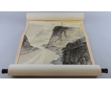 Chinese scroll depicting a building on a mountain top and other buildings below, 89cm x 49cm, Severely water damaged througho