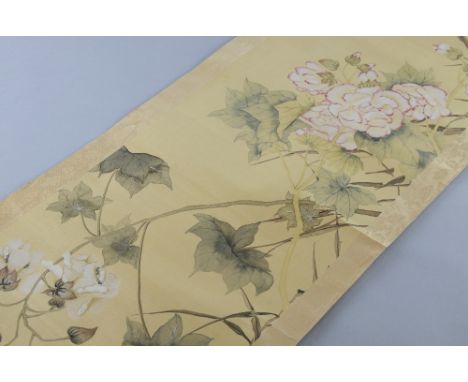 Chinese scroll depicting buildings and figures on a mountainside, 75cm x 34cm, 