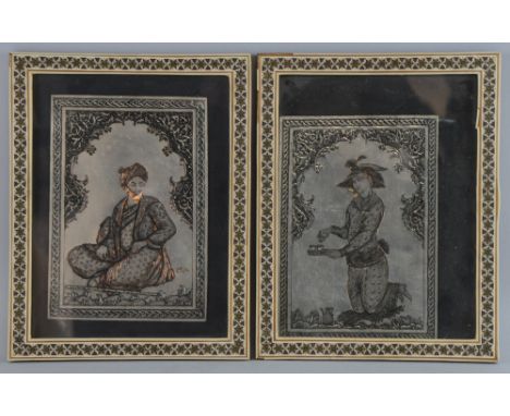 Early 20th century Eastern copper engraving plates decorated with figures in bone inlaid frames each 20cm x 14cm 