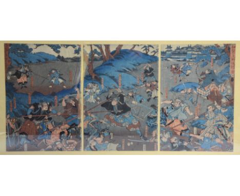 After Utagawa Kuniyoshi triptych woodblock print depicting a battle scene with various named figures and marks, 34cm x 71cm, 
