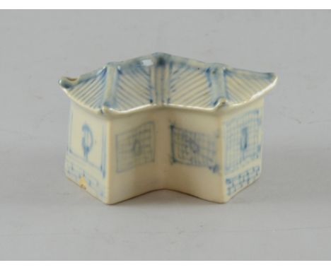 Chinese blue and white incense stick holder in the form of a house, 10cm wide, Chip to base. Few minor glaze faults.