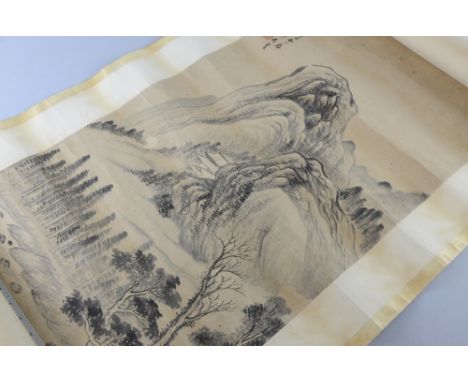 Chinese scroll depicting a pagoda at the foot of a mountain, with calligraphy and red stamp mark, 102cm x 42cm, Ink on paper.