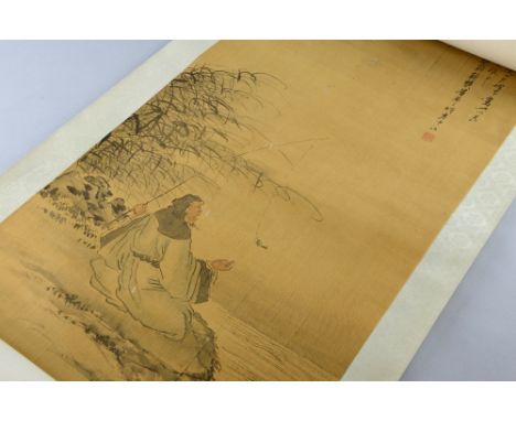 Chinese scroll depicting a figure fishing on a river bank, with calligraphy and two red stamp marks, 91cm x 41cm, Several are