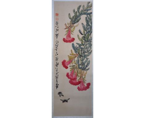 Chinese scroll depicting two butterflies around flowers, with calligraphy and two red stamp marks, image size 105cm x 35cm, 