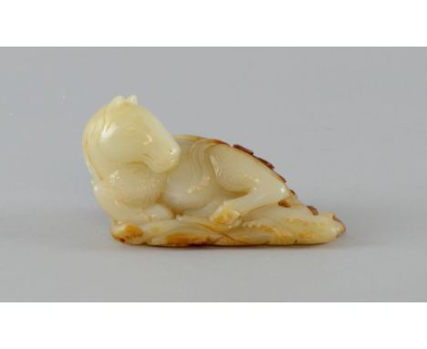 Chinese nephrite white and mottled brown jade carving of a horse with a bifid dragon on it's back, 11cm long, 6cm high, Vario