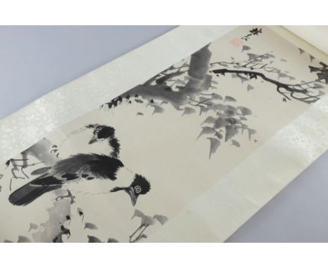 Chinese scroll depicting two birds on a branch, with calligraphy and red stamp mark, 119cm x 27.5cm, 