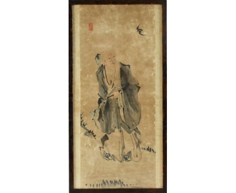 19th century Chinese scroll painting depicting an old man with a bat flying above his head, red seal mark, 51cm x 24.5cm, Sta