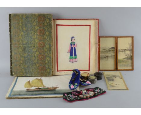 A collection of three Chinese rice paper pictures in albums, depicting scenes of torture, junks, ships in harbours, ladies in