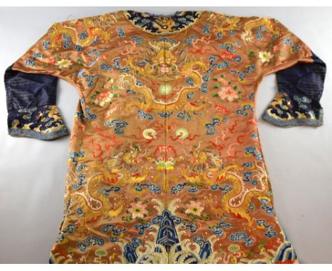 Chinese Qing Dynasty (19th Century) court robe in bronze silk, embroidered in couched gilt thread and polychrome silk depicti