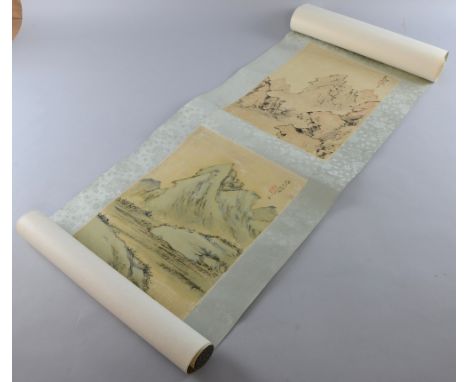 Two Chinese scroll pictures depicting figures on a mountainside, with calligraphy and red stamp marks, all on one scroll, eac