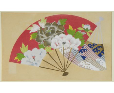 20th century Japanese woodblock print depicting florally decorated fans, 32cm x 51.5cm Provenance: Purchased at Liberty's Lon