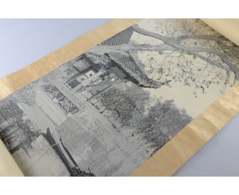 Chinese woven silk scroll depicting a pagoda by a river, 134cm x 40cm, Creases to top half of silk. Red marks to a 6cm square