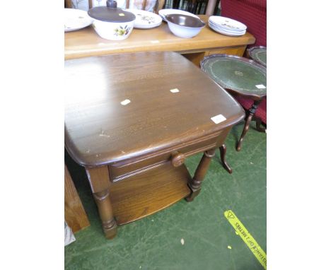 ERCOL STAINED ELM SINGLE-DRAWER TWO-TIER SIDE TABLE.