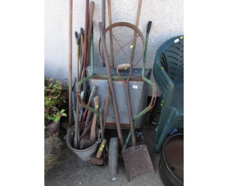 LONG HANDLED GARDEN TOOLS, GALVANIZED WHEELBARROW, BUCKETS ETC (A/F)