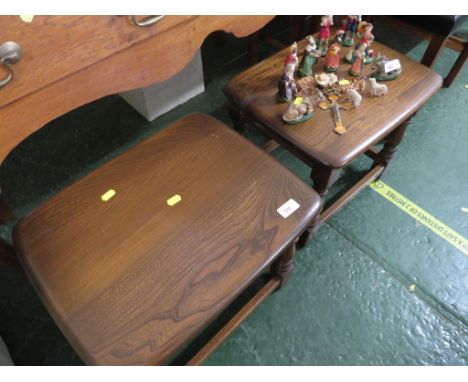 PAIR OF ERCOL MID ELM OCCASIONAL TABLES WITH STRETCHER LEGS.