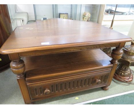 ERCOL MID ELM TWO-TIER COFFEE TABLE WITH SINGLE DRAWER AND AN OVAL FOLDING LAP CORNER TOP