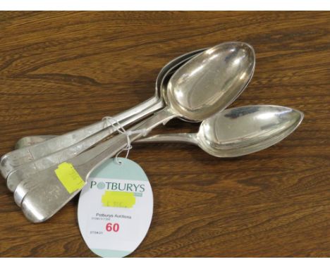 THREE GEORGIAN SILVER TABLESPOONS ENGRAVED WITH BEAST AND ARROW TO THE TERMINALS, MAKER'S STAMP FOR THOMAS WHIPHAM, (COMBINED