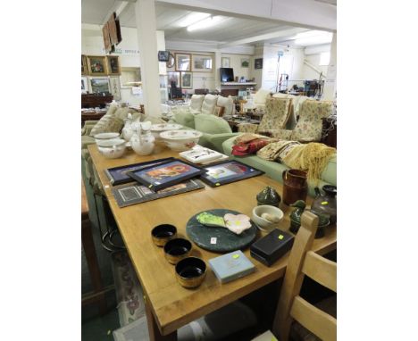SUBSTANTIAL LIGHT OAK RECTANGULAR EXTENDING DINING TABLE, TOGETHER WITH A SET OF EIGHT BEECH FRAMED LADDERBACK CHAIRS WITH RU