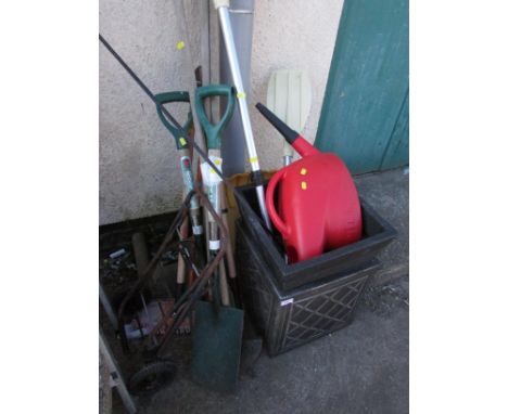 SELECTION OF GARDEN HAND TOOLS, PLASTIC POTS, FUEL CAN ETC