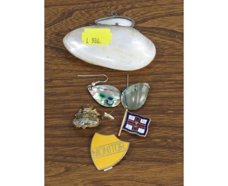 PILL BOX FORMED FROM NACREOUS SHELL, PAIR OF ABALONE EARRINGS, ONE 9 CARAT GOLD HORSEHEAD EAR STUD, AND THREE ENAMEL BADGES