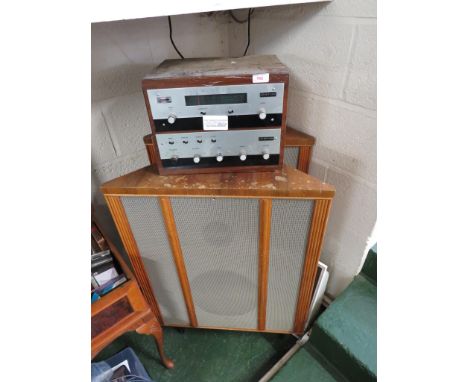 BRYAN TUNER AND AMPLIFIER (NEEDS REWIRING), A PAIR OF LARGE FLOOR STANDING SPEAKERS AND ONE OTHER SPEAKER.  (AF)