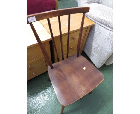 ERCOL STAINED ELM STICK BACK DINING CHAIR.