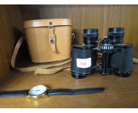 PAIR OF VESPER 8X30 BINOCULARS WITH LEATHER CASE AND TIMEX WRISTWATCH.