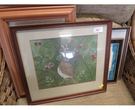 FRAMED AND GLAZED WATERCOLOUR TITLED THRUSH AND RASPBERRIES SIGNED M BIGGERSTAFF, TOGETHER WITH TWO FRAMED AND GLAZED NEEDLEW