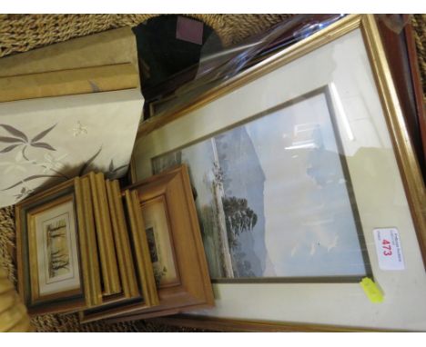 FRAMED PICTURES AND PRINTS INCLUDING PRINT OF LAKE AND SCRABBLE BOARD GAME..