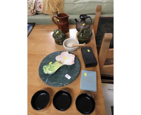 STUDIO POTTERY TEAPOT, STONEWARE JUG, MARBLE LAZY SUSAN , PLAYING CARDS AND OTHER HOMEWARE