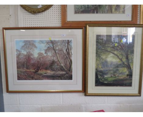 FRAMED AND GLAZED COLOURED ENDORSED PRINT AFTER CAESAR SMITH DEPICTING DEER IN WOODLAND. TOGETHER WITH COLOURED PRINT OF LAKE