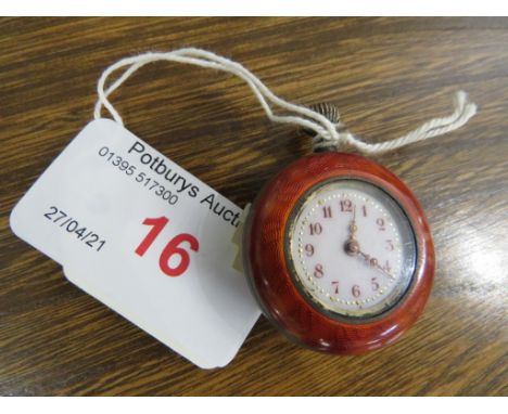 AN 800 WHITE METAL AND RED GUILLOCHE ENAMEL FOB WATCH, WHITE ENAMEL DIAL WITH ARABIC NUMERALS, CROWN WINDER, DIAMETER OF WATC