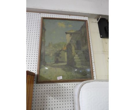 FRAMED AND GLAZED COLOURED PRINT OF STREET SCENE.