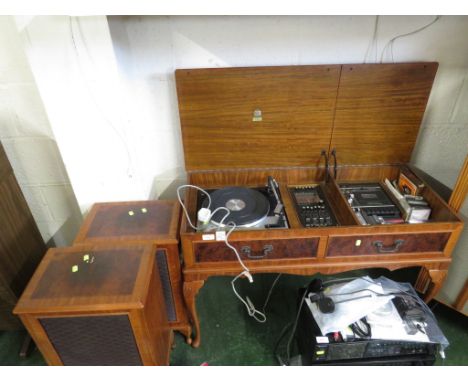 MAHOGANY AND WALNUT VENEERED CASSETTE RECORDER AND RECORD PLAYER TOGETHER WITH WALNUT AND MAHOGANY VENEERED SPEAKERS