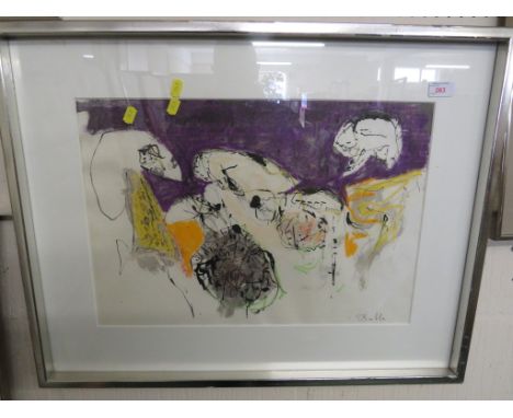 FRAMED AND GLAZED ABSTRACT PRINT SIGNED IN PENCIL.
