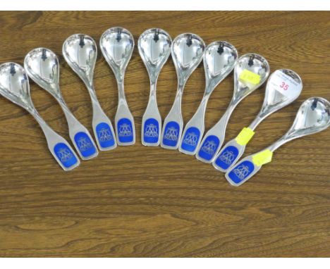 TEN W &amp; S SORENSEN STERLING DENMARK DESSERT SPOONS WITH BLUE ENAMEL TERMINALS WITH INTERLINKED INITIALS, COMBINED WEIGHT 