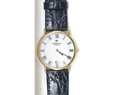 Raymond Weil Geneve gents gold plated wristwatch with white dial and blue hands, on blue leather strap.  P&amp;P Group 1 (£14