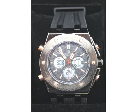 New boxed Michael Philippe black faced multi dial metal wristwatch on a black rubber strap. P&amp;P Group 1 (£14+VAT for the 