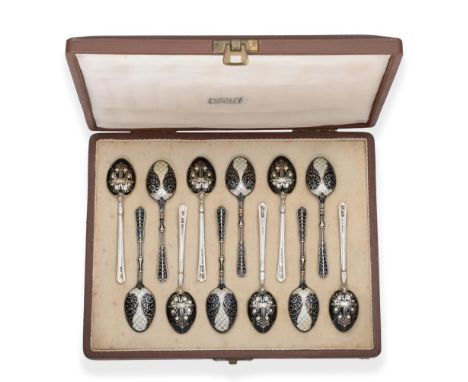 Two Sets of Six Silver and Enamel Coffee Spoons, Turner & Simpson, Birmingham, 1922/23, decorated with foliate scrolls and di