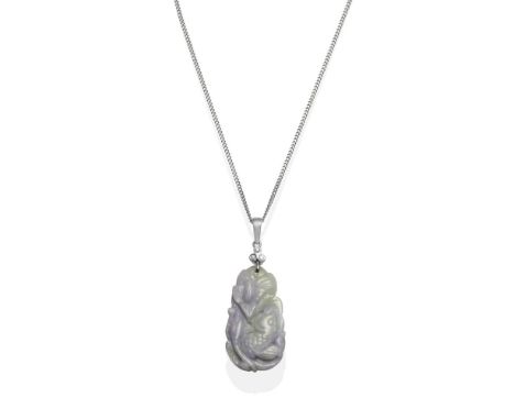 An 18 Carat White Gold Carved Jade and Diamond Pendant on Chain, an oval green lavender jade carved depicting a fish and lili