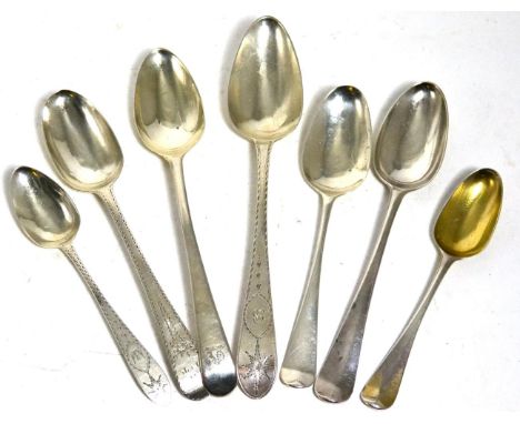 A Group of George II/III Silver Spoons, comprising: two bright engraved Irish examples, John Stoyte, 1794 and 1798; a Hanover