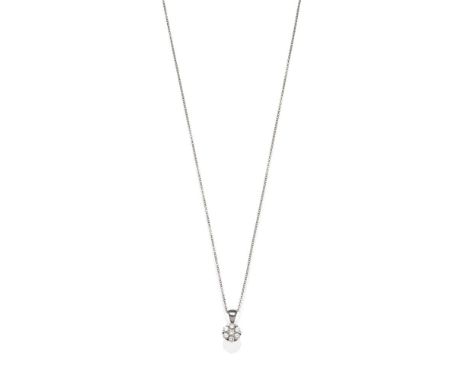 An 18 Carat White Gold Diamond Cluster Pendant on Chain, seven round brilliant cut diamonds in claw settings, on a fine trace