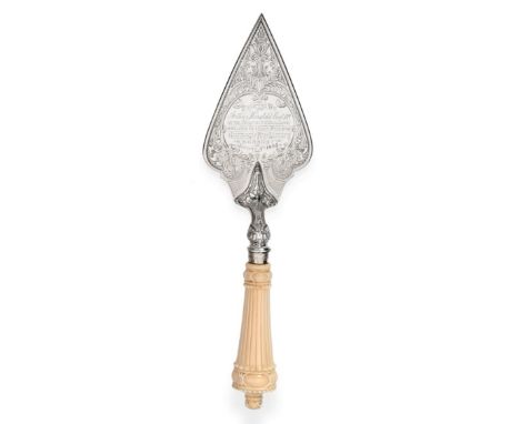 An Edwardian Silver Presentation Trowel, John Round & Son Ltd, Sheffield 1901, with carved ivory handle, the blade with elabo