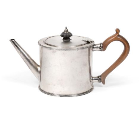 A George III Silver Drum Teapot, Charles Aldridge & Henry Green, London 1776, plain with bead borders, the cover with knop fi