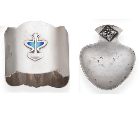 An Arts and Crafts Silver Caddy Spoon, A E Jones, Birmingham 1925, of heart shape with foliate embellished handle; and An Edw