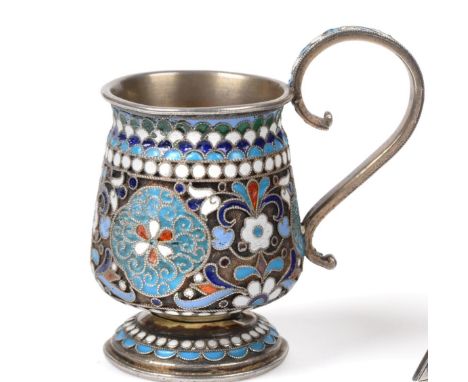 A Russian Silver and Cloisonne Enamel Small Cup, left facing Kokoshnik mark, 1896-1908, maker's mark indistinct possibly 'EC'