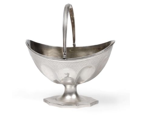 A George III Silver Swing-Handled Sugar Basket, Solomon Hougham, London 1798, oval with reeded borders and handle on shaped p